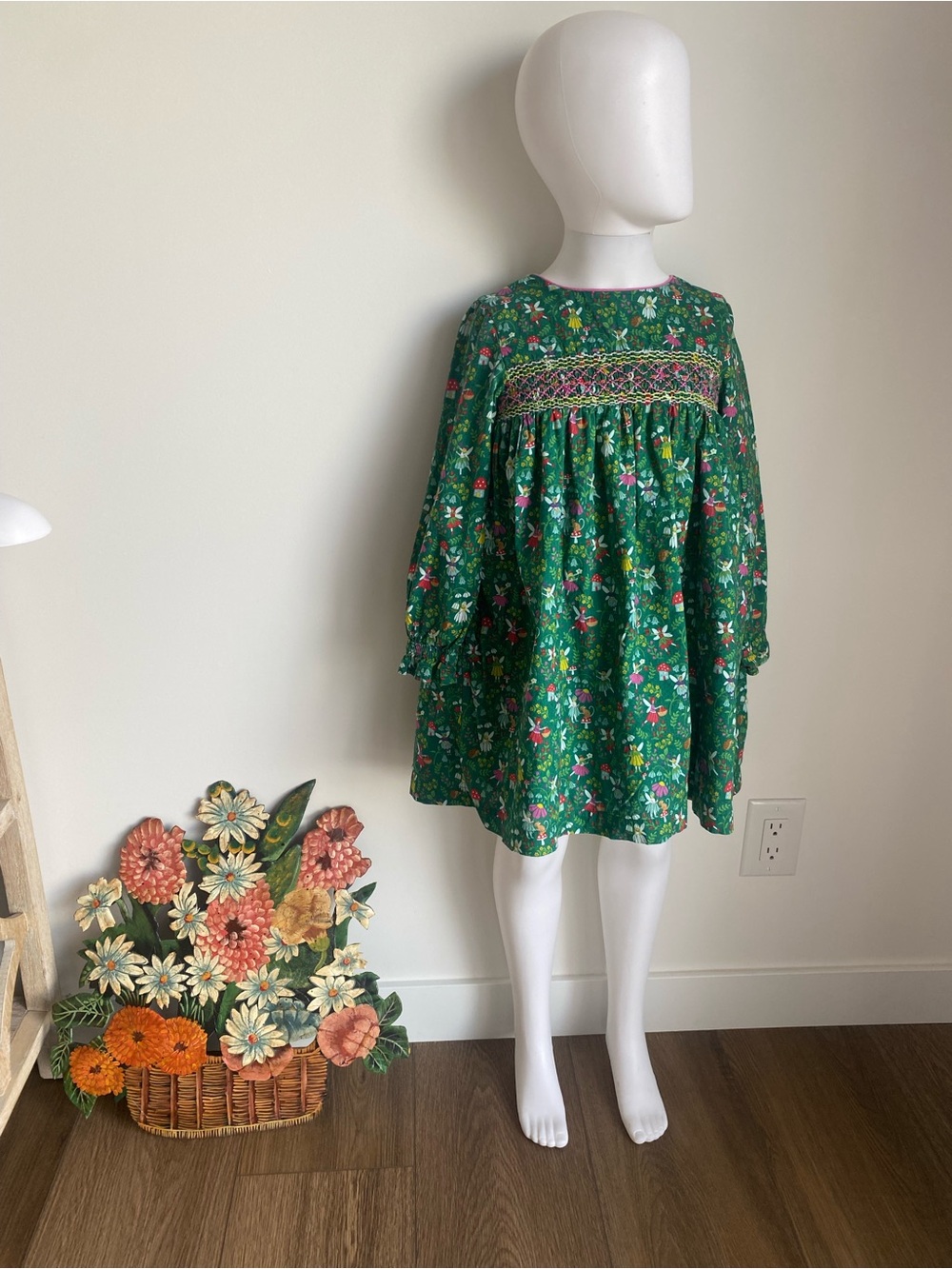 Mini Boden Green Floral Smocked Casual Dress
